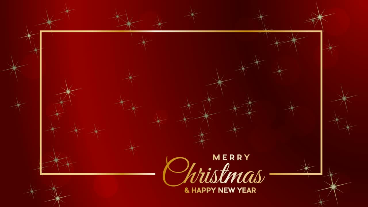 메리 크리스마스 텍스트와 골든 프레임, 애니메이션 빈 배경, 빨간색, 별빛 하늘, 흐릿한 조명 및 복사 공간으로 만들어졌습니다.
