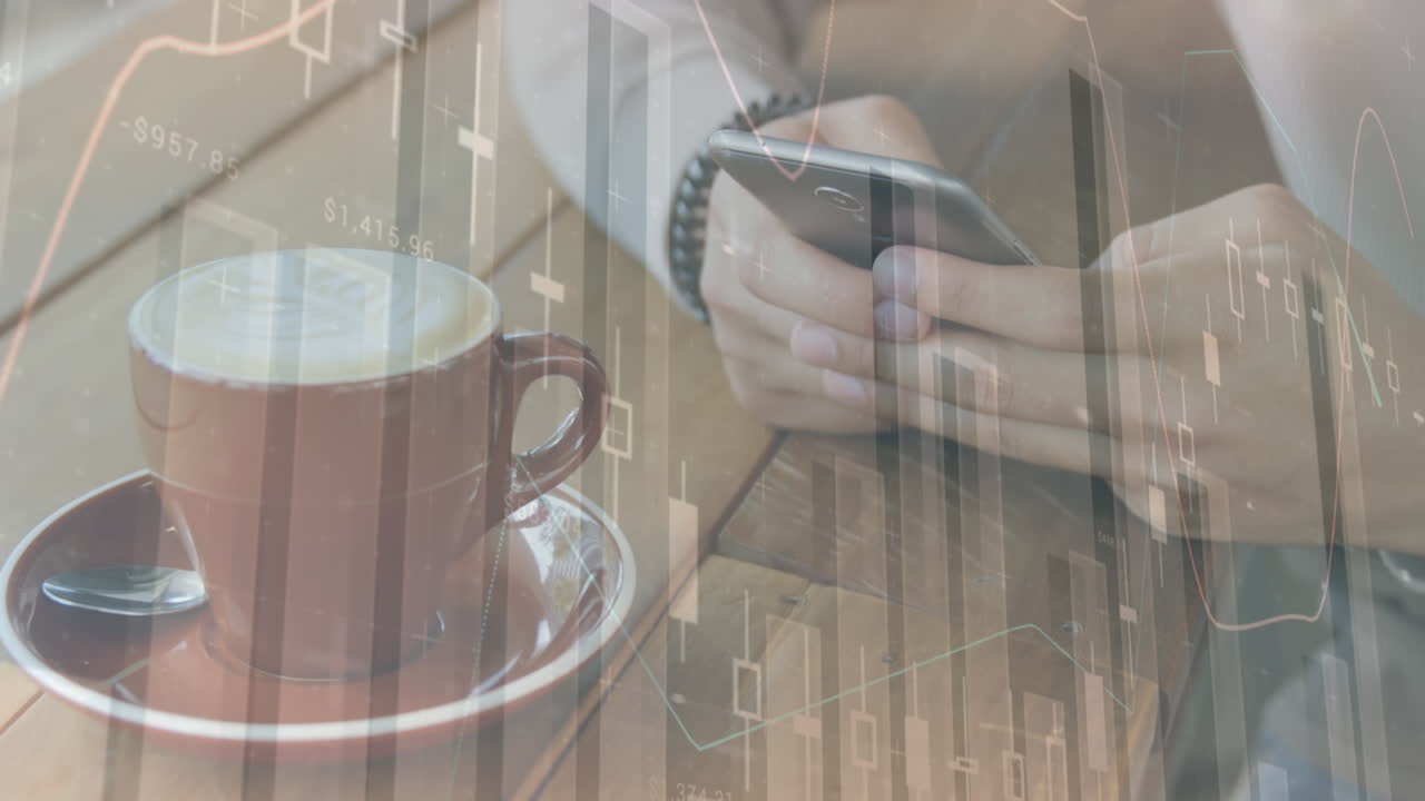 스마트 폰을 사용하는 여성에 대한 통계 및 데이터 처리 애니메이션