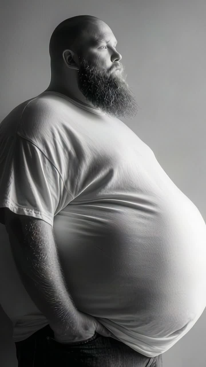 A Thoughtful Profile of a Large Bearded Man in a Gray T-Shirt During Contemplation, Evoking Emotions of Reflection and Self-Perception in a Monochrome Setting
