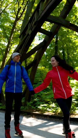 couple skating in a forest path