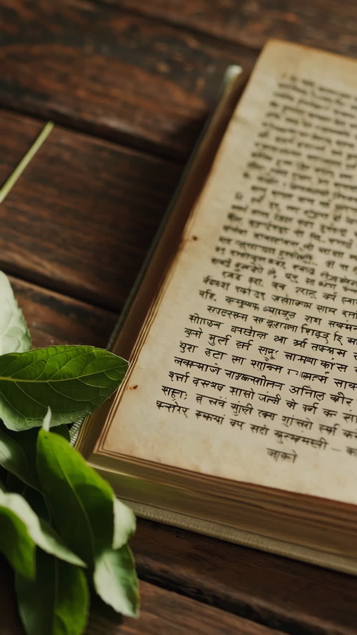 Open Ancient Book with Herbal Leaves on Wooden Table