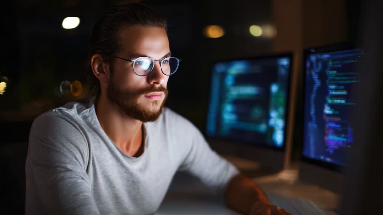 Focused Programmer Engaged in Coding Session at Night with Multiple Monitors Displaying Lines of Code and Data Analysis, Capturing the Intense Concentration and Modern Tech Environment