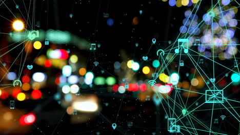 network of connected devices and icons animation over blurred city lights background