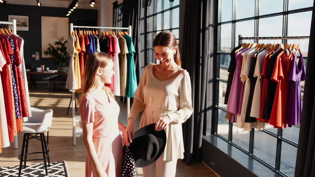 Two women shopping for dresses and trying on hats in a modern fashion store