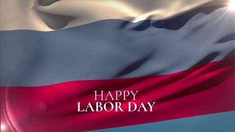 Animation-of-happy-labor-day-text-over-russian-flag-and-sunshine