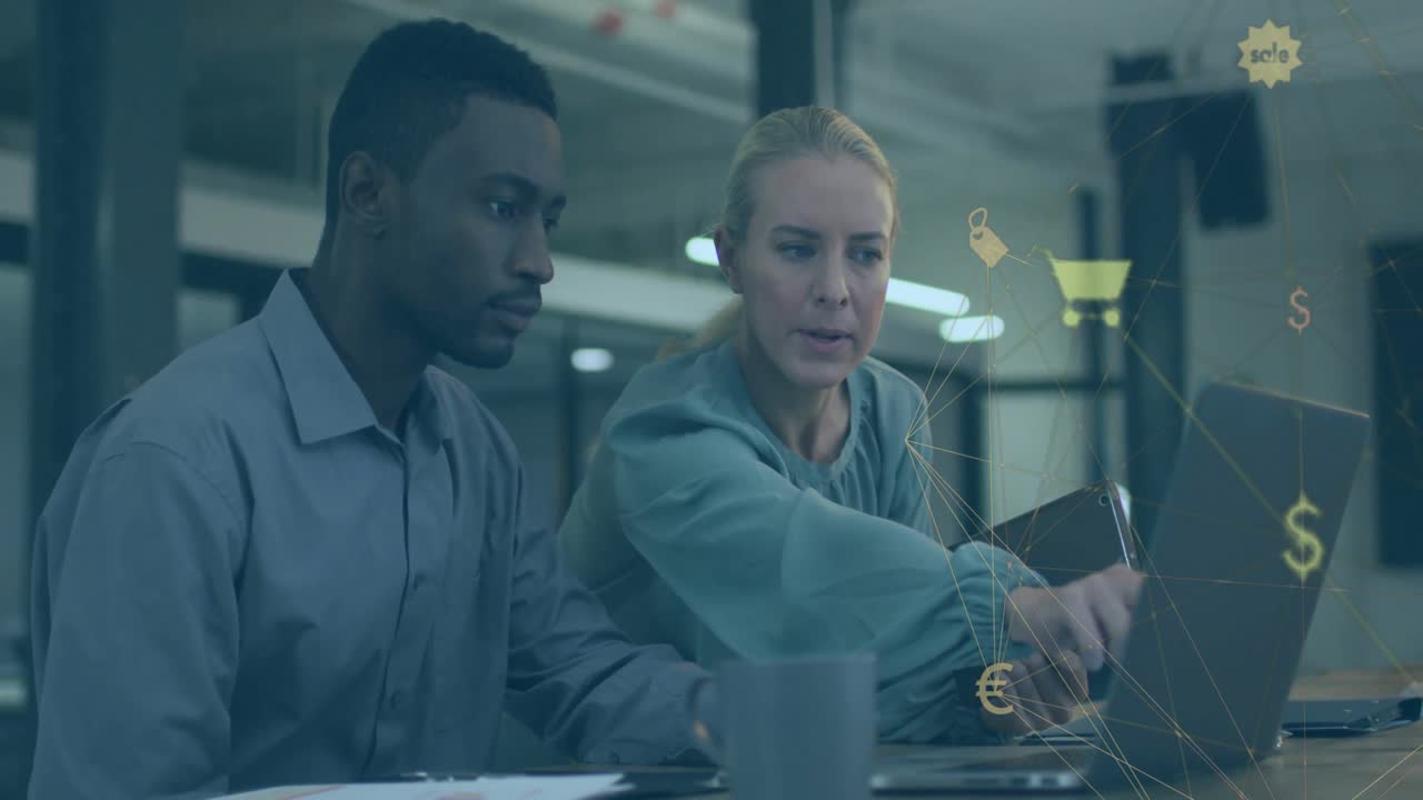 Businesswoman pointing at laptop with floating pricing graphics while colleague seeking feedback