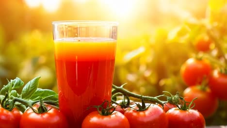 un vaso de jugo de tomate junto a un ramo de tomates