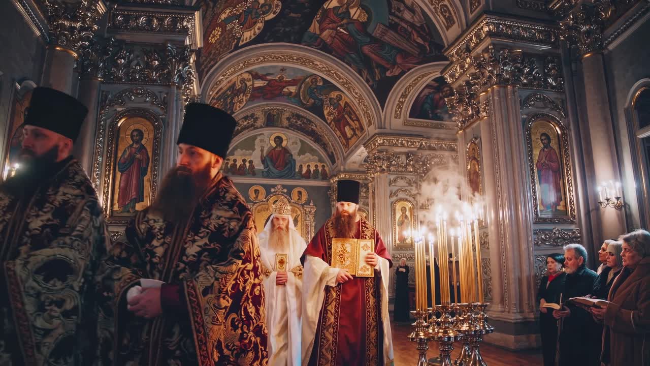 Видео запечатлевает величественный интерьер церкви с богато украшенными золотыми деталями и религиозными иконами.