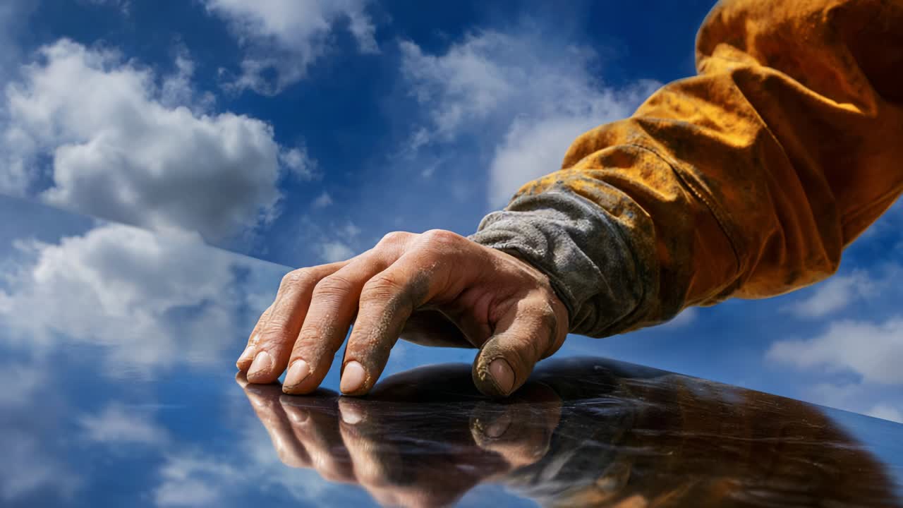 A close-up view of a skilled artisan's hand gently smoothing a reflective surface under a vibrant sky filled with fluffy clouds, showcasing the artistry and precision involved in craftsmanship