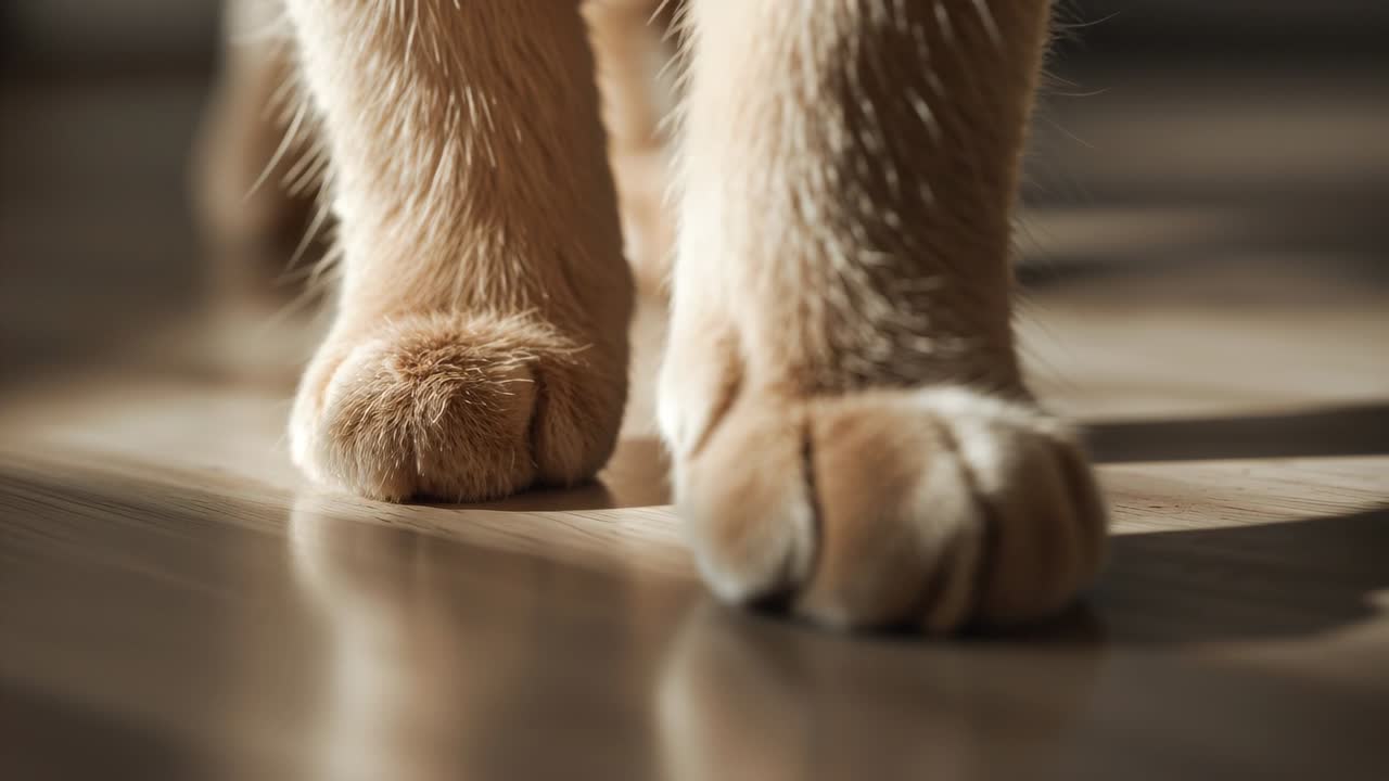 Die Vorderpfoten einer Katze verlagern ihr Gewicht, treten über den sonnigen Boden und bewegen sich für die Tierpflege vorwärts.