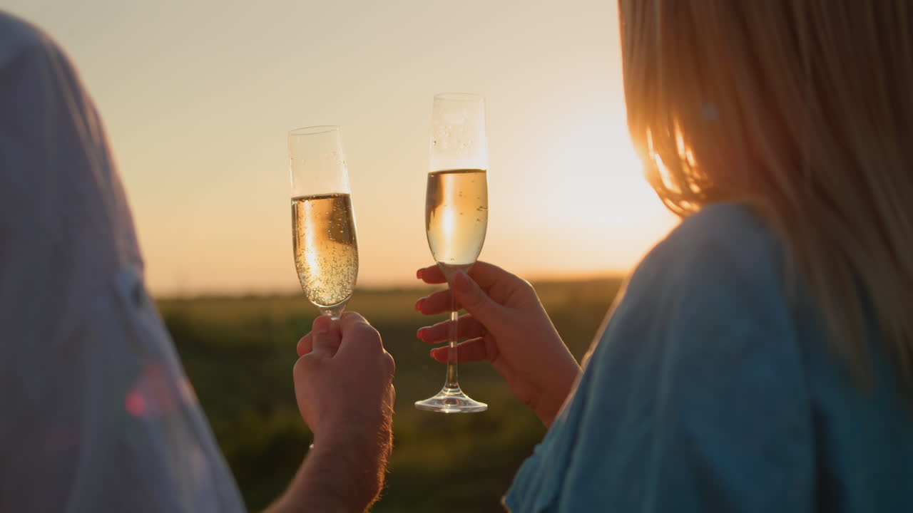 Couple with glasses of red wine watching the sunset over a picturesque valley. Close-up shot