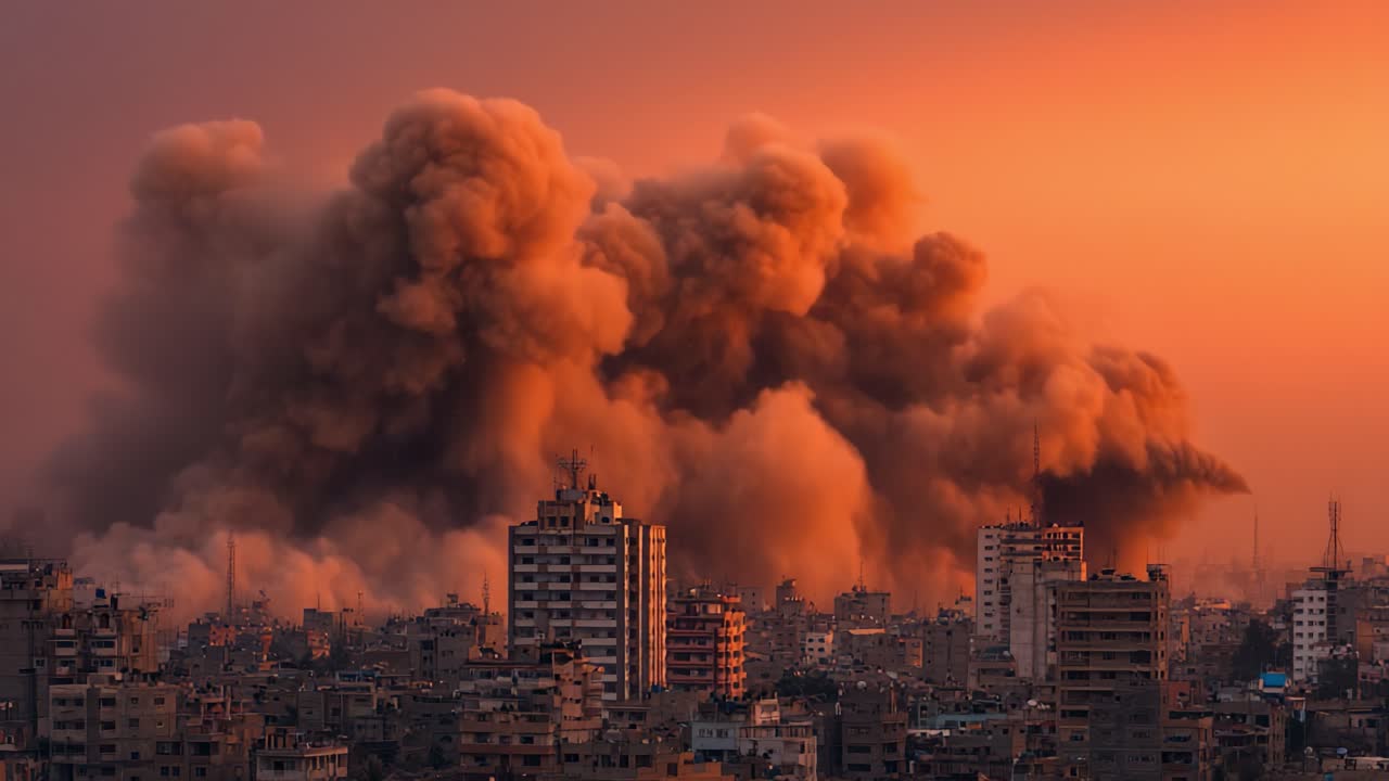 Paesaggio Celeste Drammatico con Fumo Denso e Nuvole di Polvere su un Paesaggio Urbano al Tramonto, Catturando Momenti di Tumulto e Conflitto