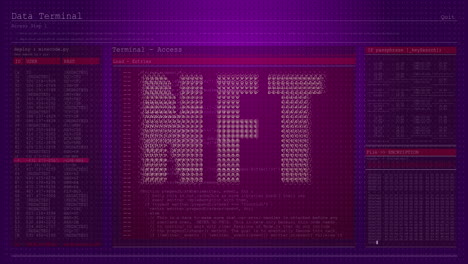 Nft text banner against computer interface with data processing against purple background