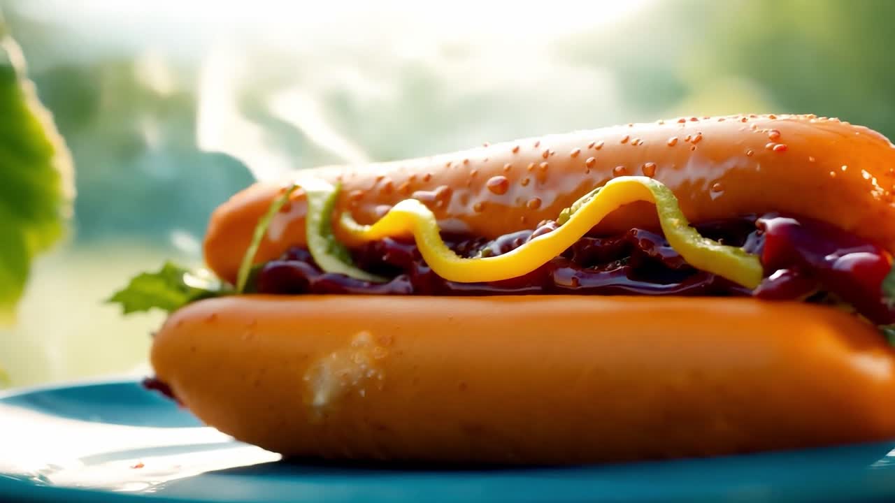 perrito caliente al vapor con mostaza y ketchup en un plato azul, perfecto para contenido de comida, picnics de verano y temas de parrilla. captura de alta resolución