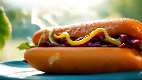 steaming hot dog with mustard and ketchup on a blue plate, perfect for food content, summer picnics, and grilling themes. high resolution capture