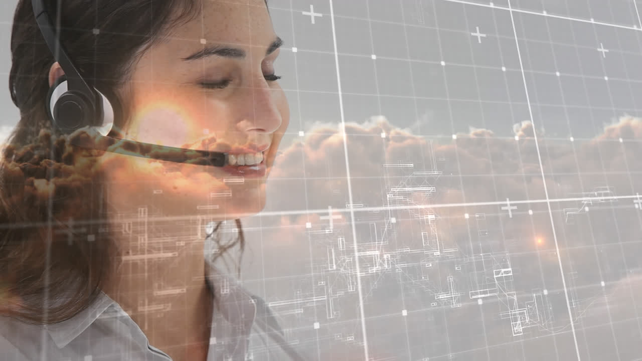 animación del procesamiento de datos sobre empresarios que llevan auriculares de teléfono