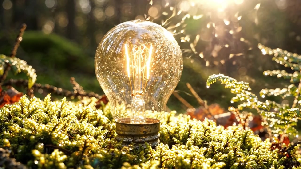 A Captivating Display of Nature's Serenity: A Beautifully Illuminated Lightbulb Perched on Lush Green Moss Surrounded by Sparkling Particles in a Tranquil Forest Setting