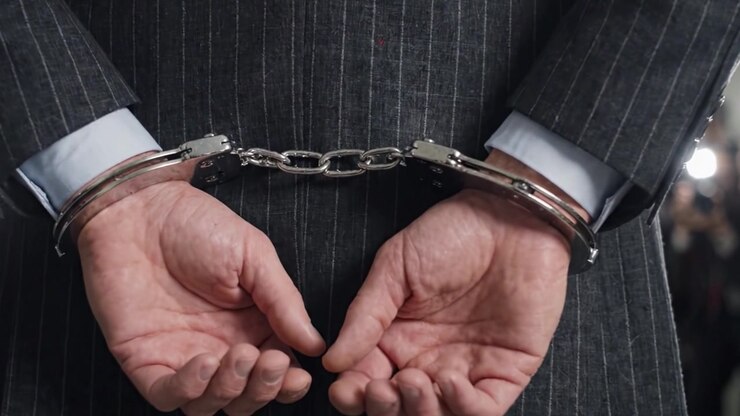A man in a pinstriped suit stands handcuffed with hands behind his back, as multiple camera flashes illuminate the scene, capturing a moment of captivity and scrutiny.