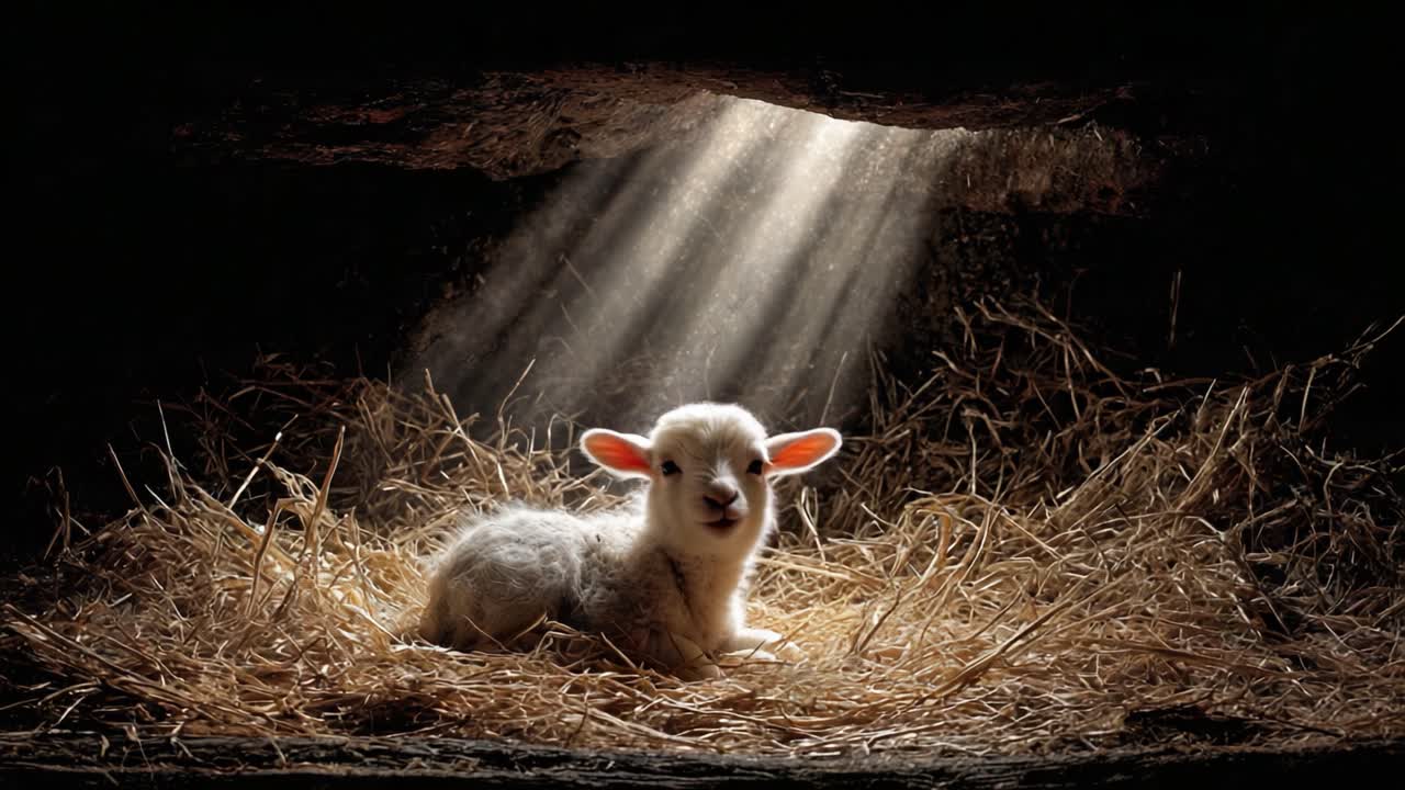 A Serene Moment: A Young Lamb Resting Peacefully in Soft Hay, Illuminated by Gentle Rays of Sunlight Streaming Through a Darkened Stable