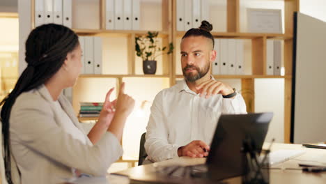 ideas, man and woman in office meeting