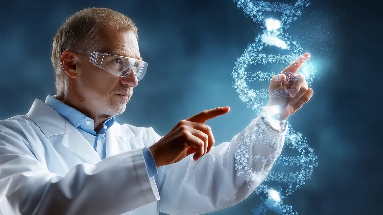 A Scientist in a Lab Coat Points to a Glowing DNA Helix, Symbolizing Advances in Genetic Research and Biotechnological Innovations in Modern Science