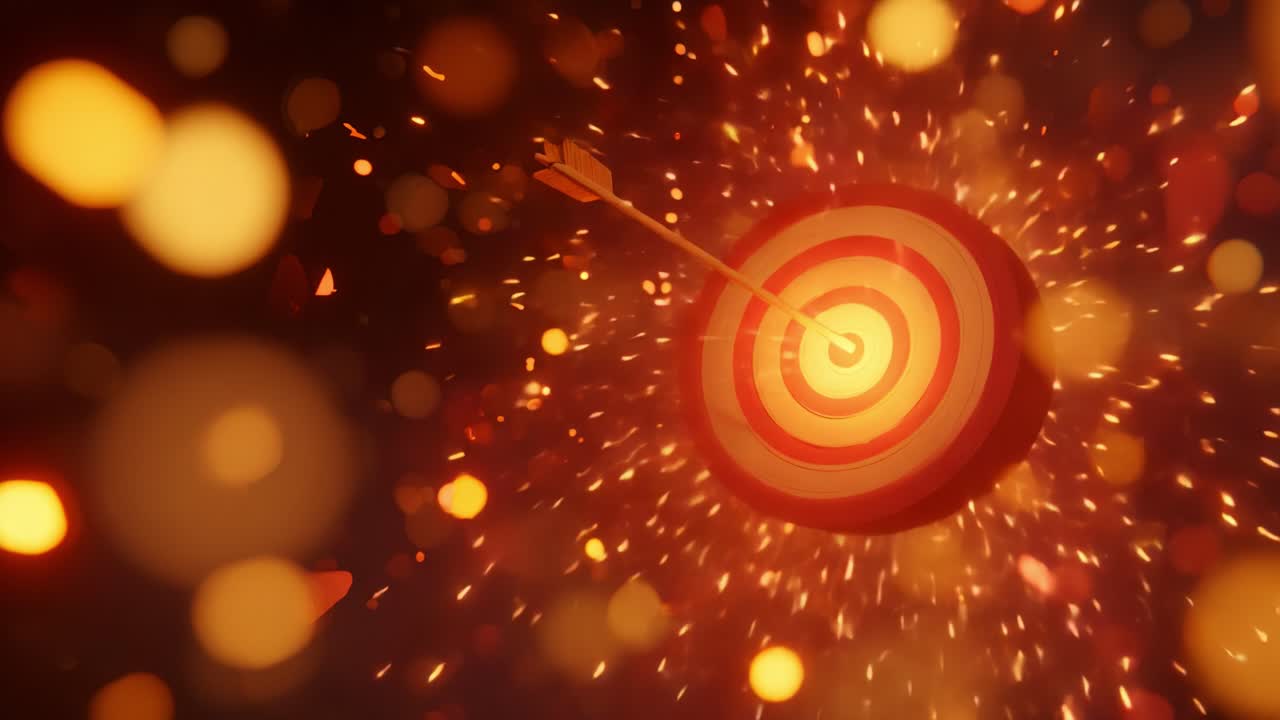 An Incredible Visual Journey Focuses on a Target with an Arrow, Surrounded by Dynamically Sparkling Lights and a Captivating Background, Symbolizing Precision and Goal Achievement