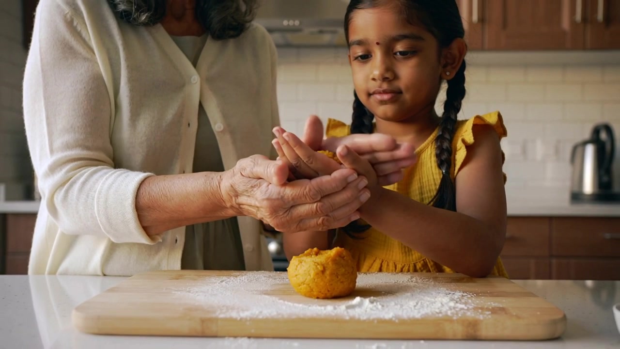 Placing hands, gran teaching child in yellow dress shaping orange dough on floured board, kitchen