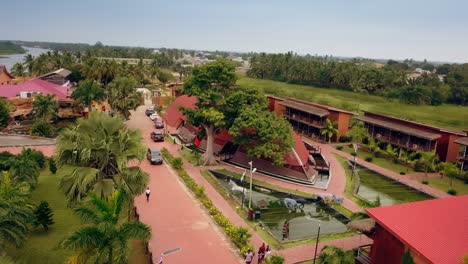 Cinematic-drone-shot-of-Aqua-Safari-Resort-garden-and-exterior,-in-Ghana,-West-Africa