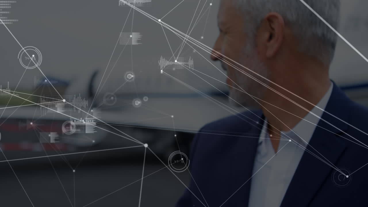 animación de la red de conexiones sobre el hombre de negocios por avión
