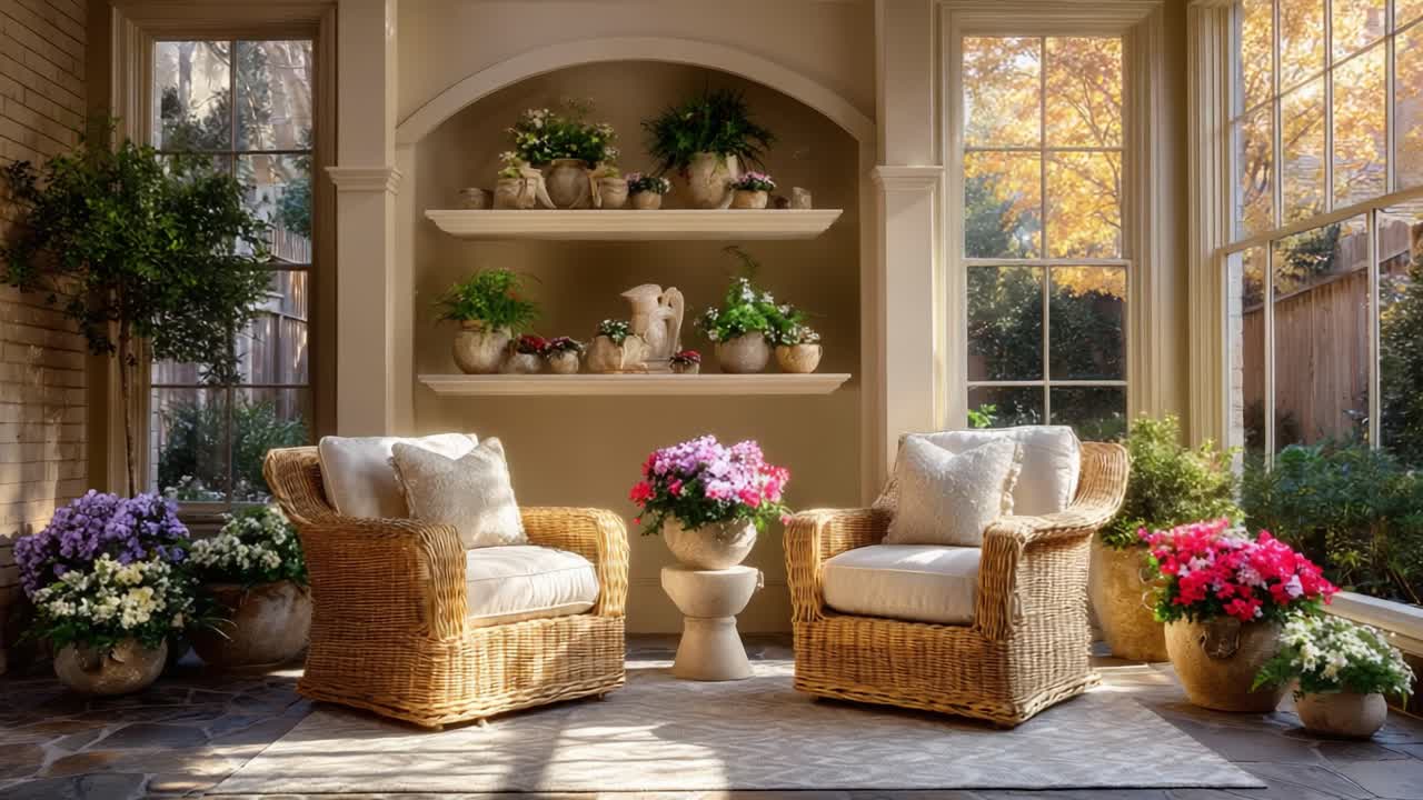 A Beautiful Sunlit Living Space Featuring Cozy Wicker Chairs Surrounded by Lush Indoor Plants and Vibrant Flower Arrangements in a Well-Designed Interior