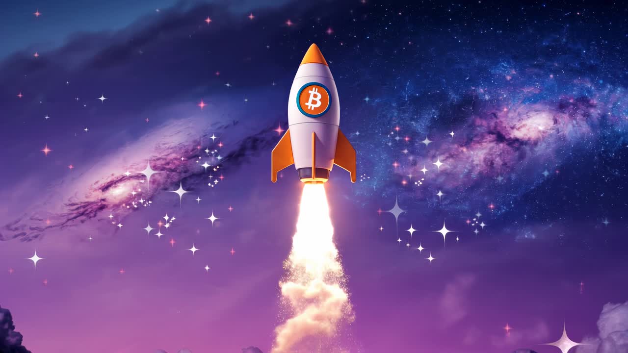 A stunning rocket launching into space featuring the bitcoin symbol for cryptocurrency fans