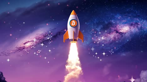 a stunning rocket launching into space featuring the bitcoin symbol for cryptocurrency fans