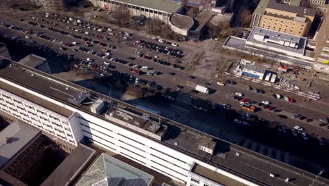 Drone-flight-over-the-campus-of-the-Technical-University-of-Berlin-with-a-view-of-the-Tiergarten,-Bahnhof-Zoo,-Straße-des-17