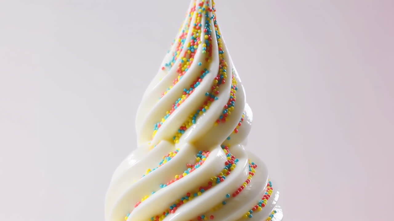Vanilla Soft Serve Swirl Topped With Rainbow Sprinkles, Studiolit On Pastel Pink Background Macro View