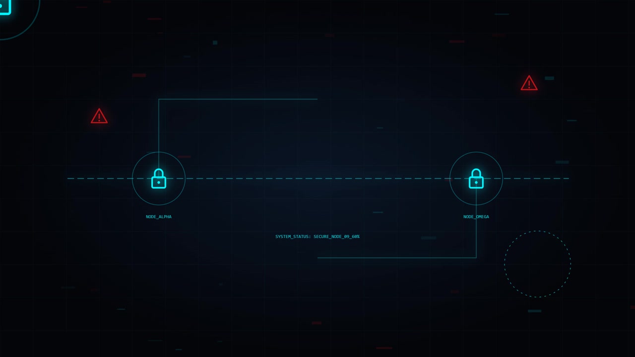 Digital Network Security Interface with Data Nodes and Warning Icons