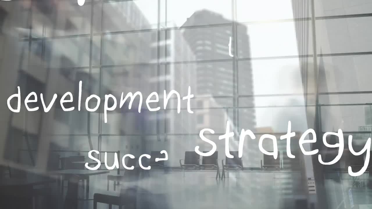 Digital composition of business concept texts floating against people walking in the office