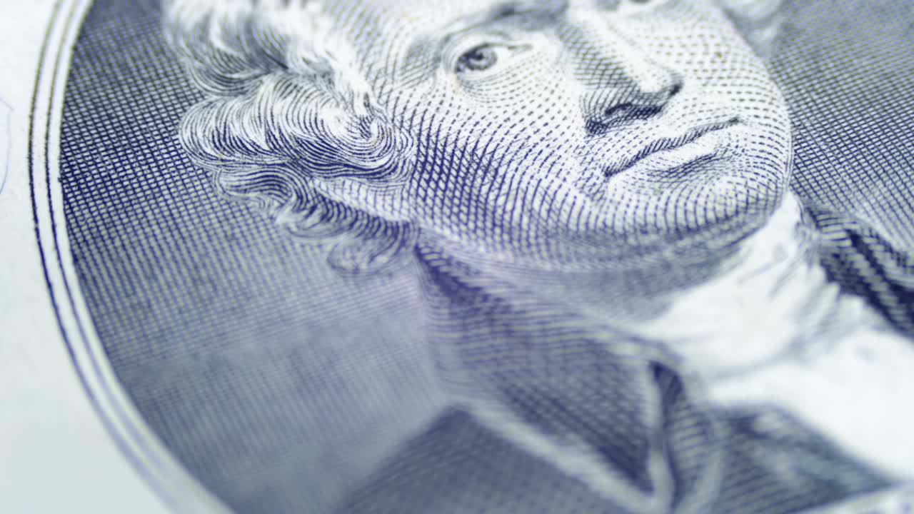 천천히 회전하는 토마스 제퍼슨의 얼굴 2달러 지폐