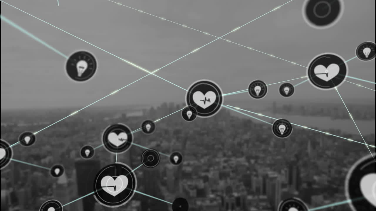 디지털 아이콘의 네트워크의 애니메이션 도시 풍경의 공중 뷰에 대하여