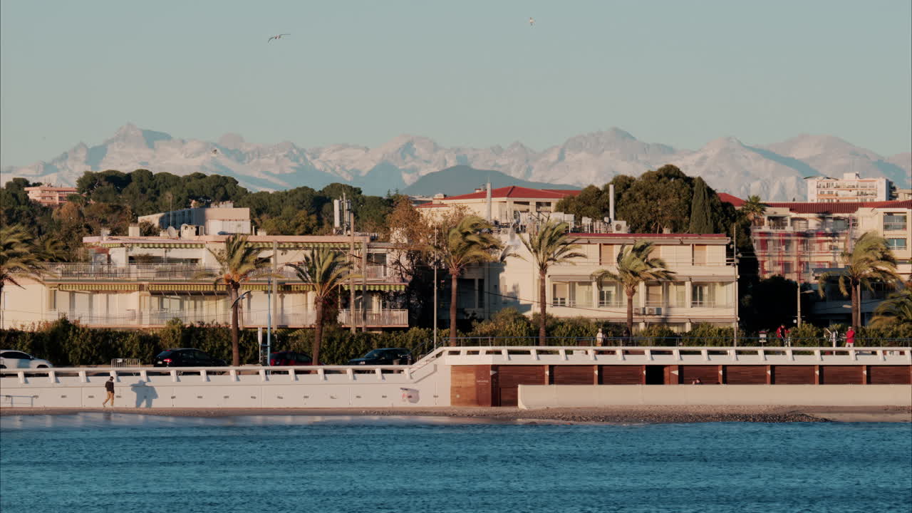 Buildings and palm trees on the shore with a view of the mountains in the background in Antibes, France
