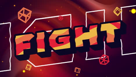 animación de texto de lucha en naranja y amarillo con formas y manchas de luz sobre niebla roja en negro
