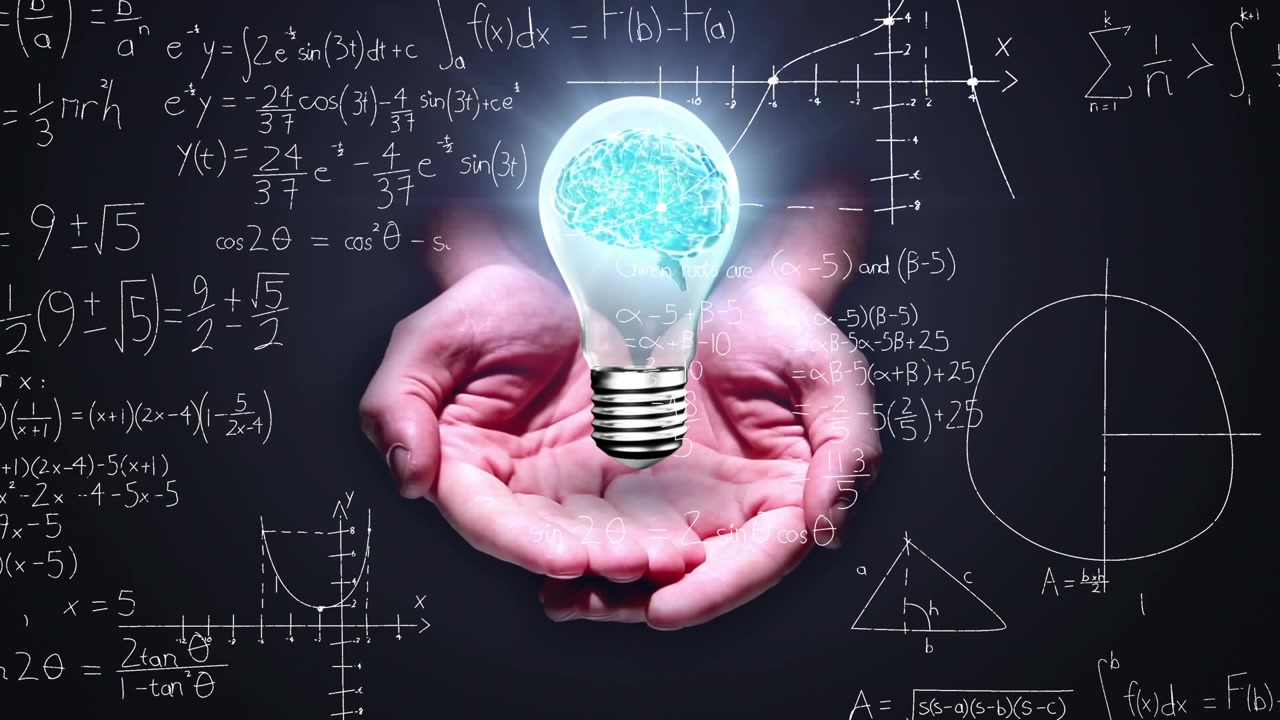 Animation of mathematical equations over hands with lightbulb