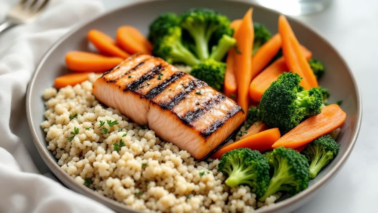 Delicious grilled salmon seasoned with parsley, served with couscous, broccoli and carrots, creating a healthy and balanced meal