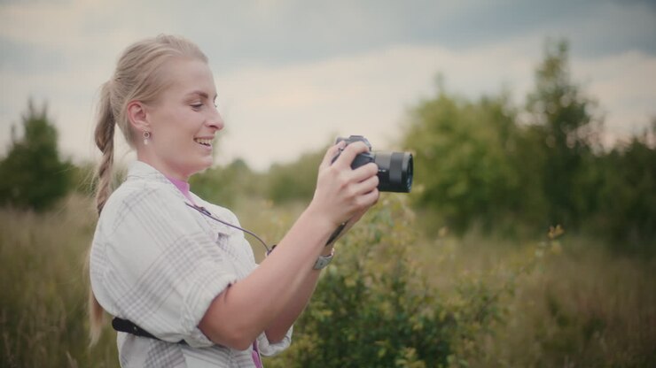 Woman taking photos in a field