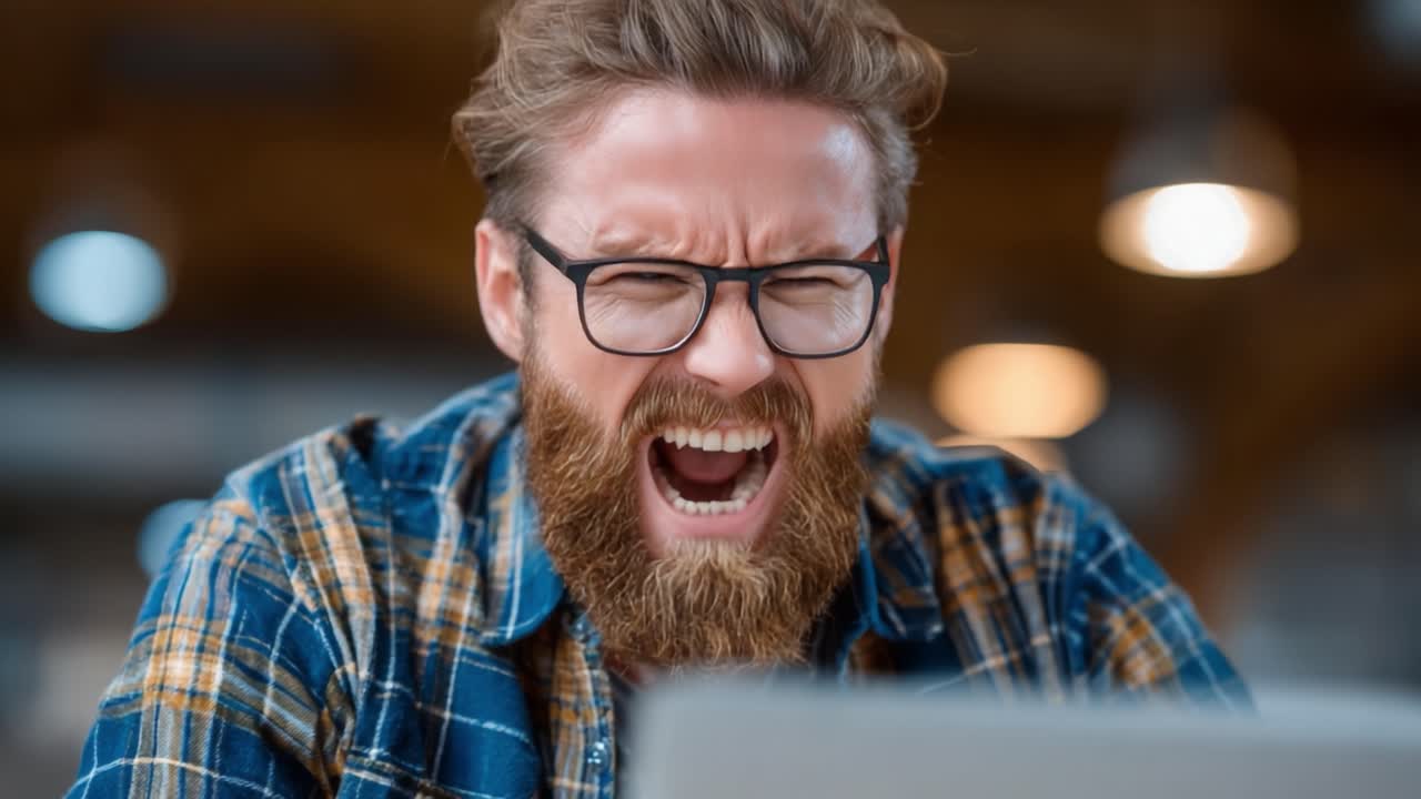 Persona frustrata esprime rabbia mentre lavora al laptop in uno spazio di lavoro dinamico, catturando un momento di forte emozione e intensa concentrazione su un compito