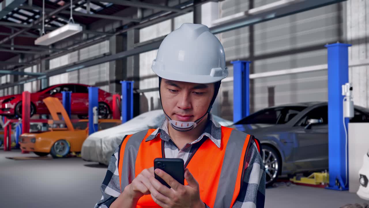 Primo piano di un ingegnere asiatico con casco di sicurezza che usa lo smartphone mentre si trova in un'autofficina