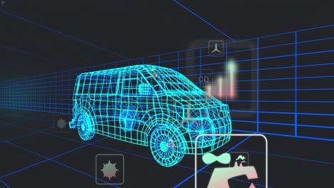 Animation-Mehrerer-Digitaler-Symbole-über-Einem-3D-Transportermodell,-Das-Sich-In-Einem-Nahtlosen-Muster-In-Einem-Tunnel-Bewegt