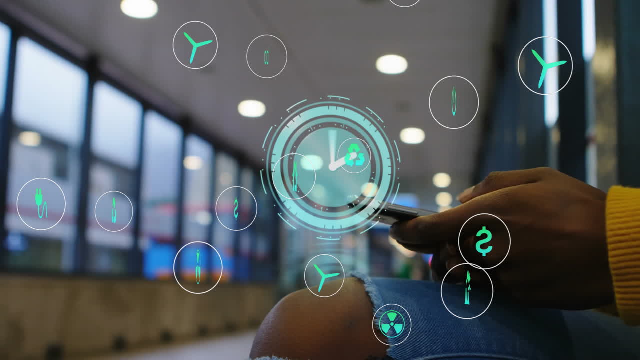 Holding smartphone, person surrounded by futuristic environmental icons animation