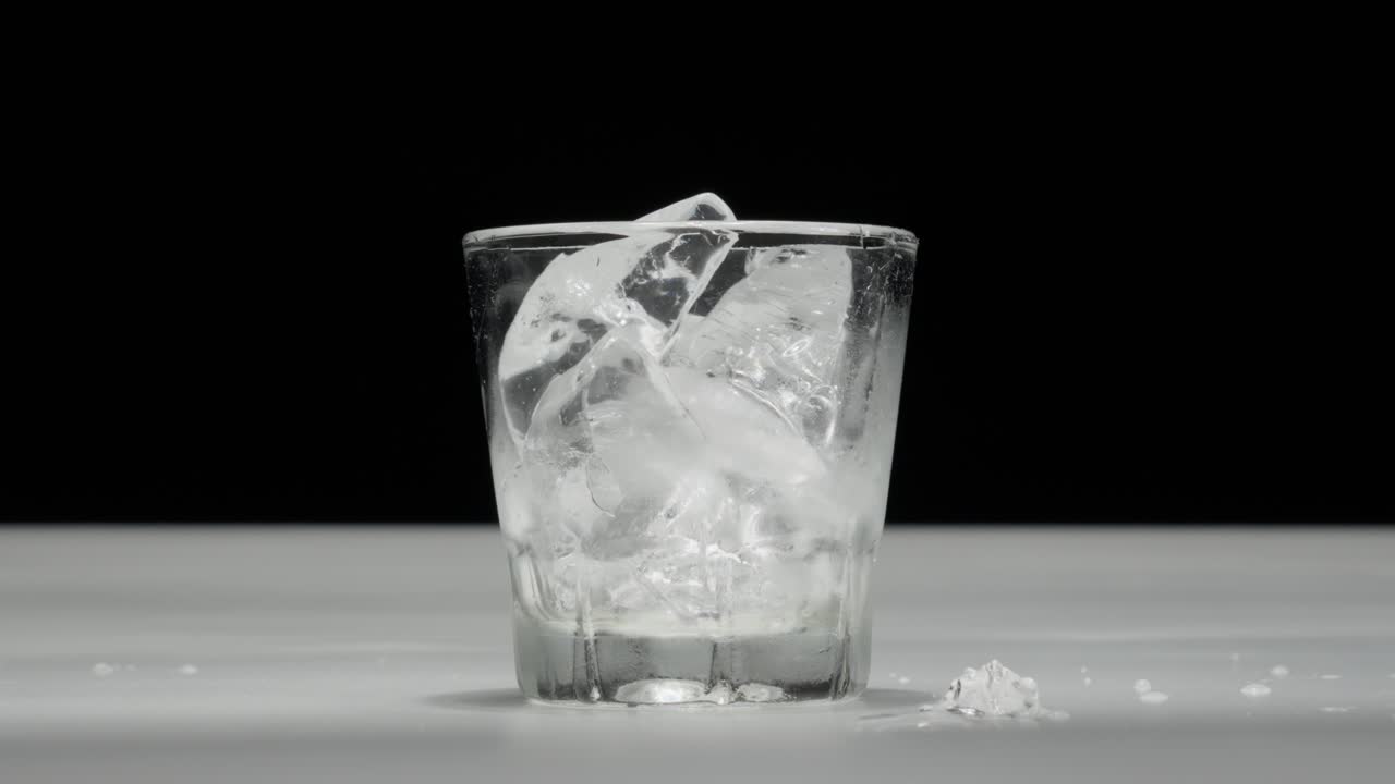mano vertiendo rápidamente cubos de hielo en una taza de vidrio