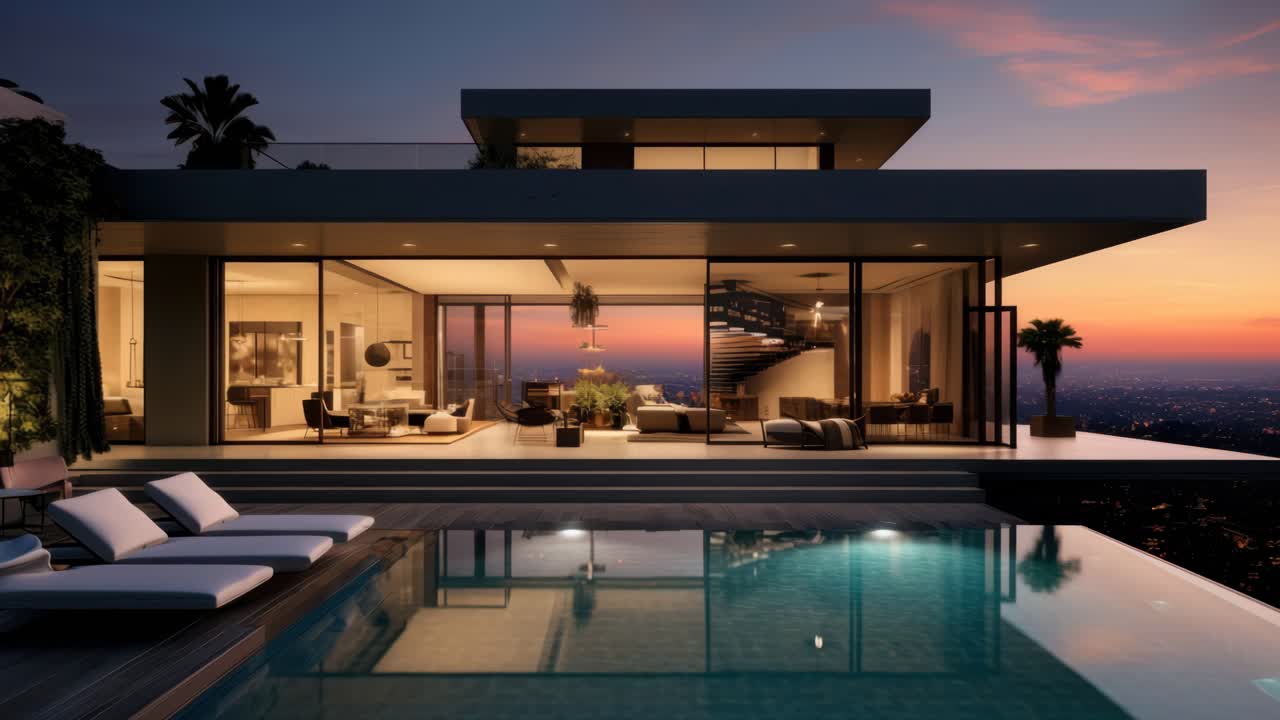 Modern luxury home at sunset, viewed from a low angle across a pool