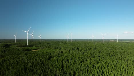 aerial view of wind turbines in a forest